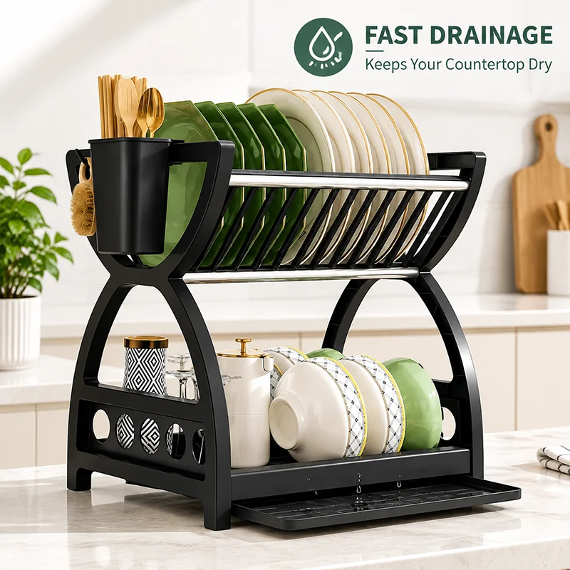 Dish Drying Rack 2 Tier Kitchen Countertop Organizer Bowl Plate Drainer Shelf with Utensil Holder Drip Tray Space Saving
