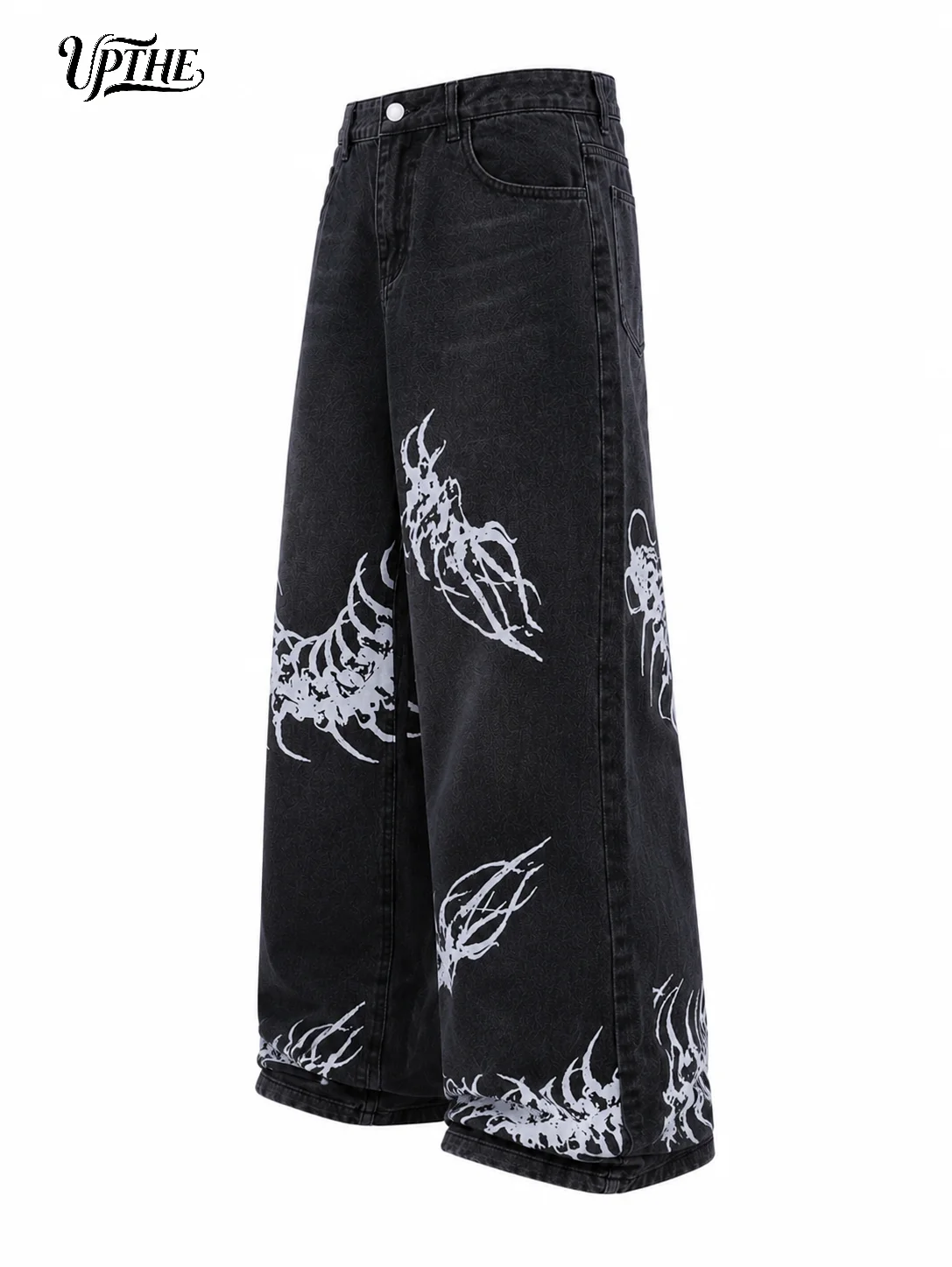 UP.THE Men Black Faded Baggy Wide Leg Jeans, Y2K Oversized Loose White Centipede Skeleton Print Denim Pants, Gothic Grunge Streetwear Trousers for Daily Outfits
