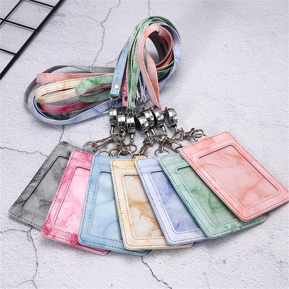 Marbling Name Adjustable Retractable Card Holder Card Cover Case with Lanyard Badge Holder Work Bank Business Credit Card