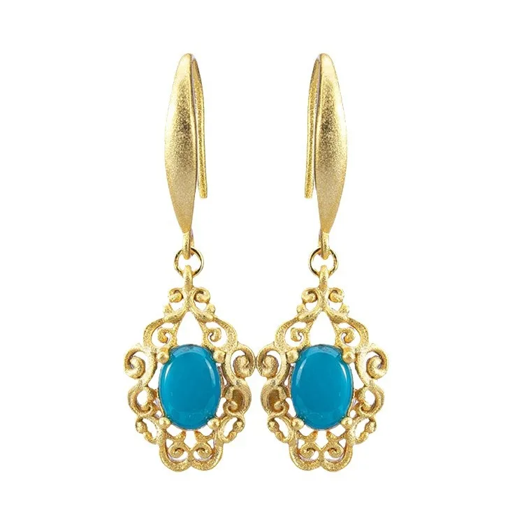925 Sterling Silver Jewelry 18K Gold Plated Natural Turquoise Hollow Pattern Drop Earrings for Women Wedding Party Jewelry Gift