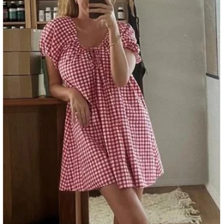 

Women Mini Aesthetic Dress Plaid/Floral Print Tie-Up Front Short Sleeve Dress Fashion Summer Casual Loose Dress