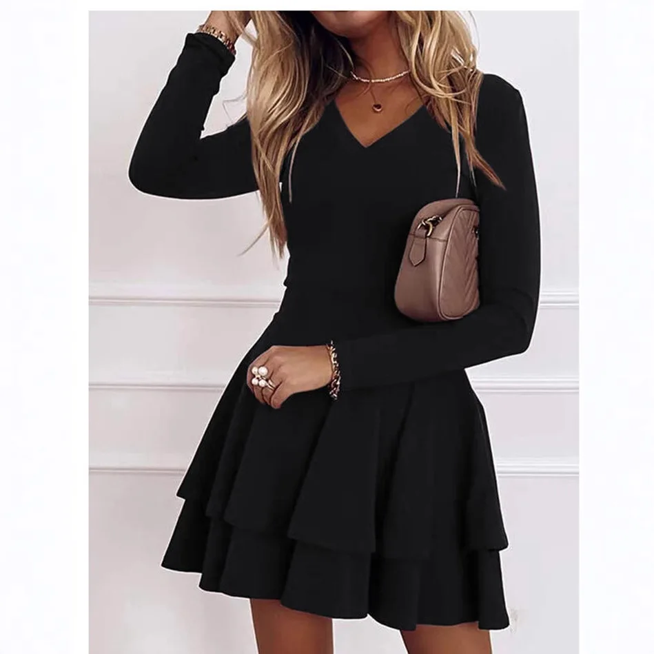 Sexy Elegant V-Neck Solid Color Fashion Mid Waist Pullover Panel Bottom Fashion Versatile Style Long Sleeve Skirts For Women