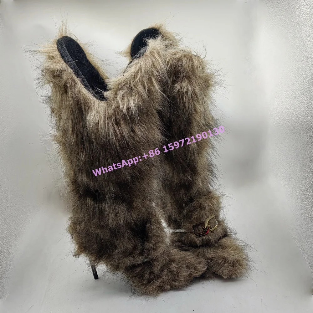 

Furry Thin Heels Snow Boots Pointy Toe Metal Buckle Soft Slip On Brown Mid Calf Boots Women's Sexy Runway Fashion Winter Shoes