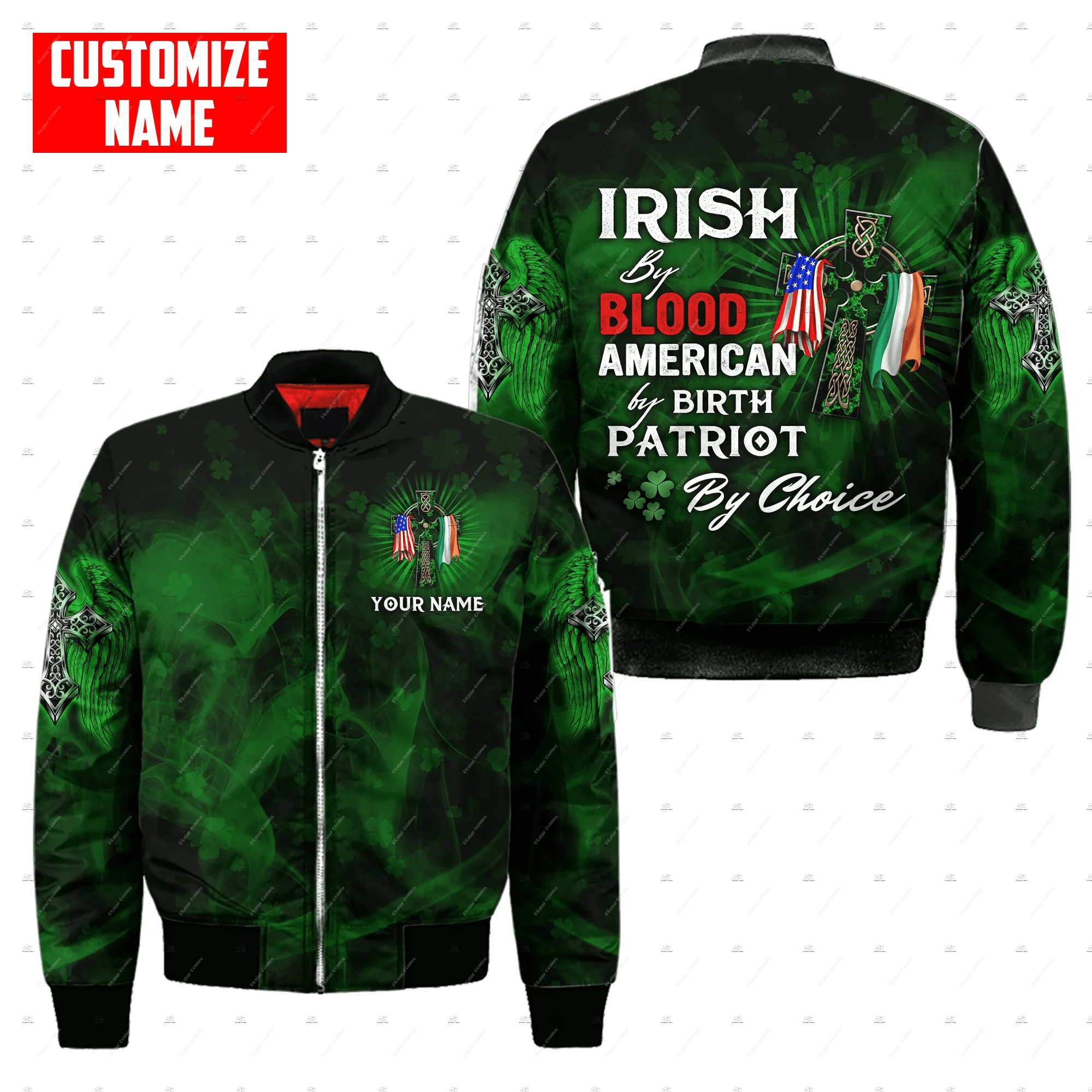 

Custom Name Irish Ireland Country Flag St.Patrick Vintage Retro Winter Overcoat 3DPrint Windbreaker Casaul Funny Bomber Jacket Q