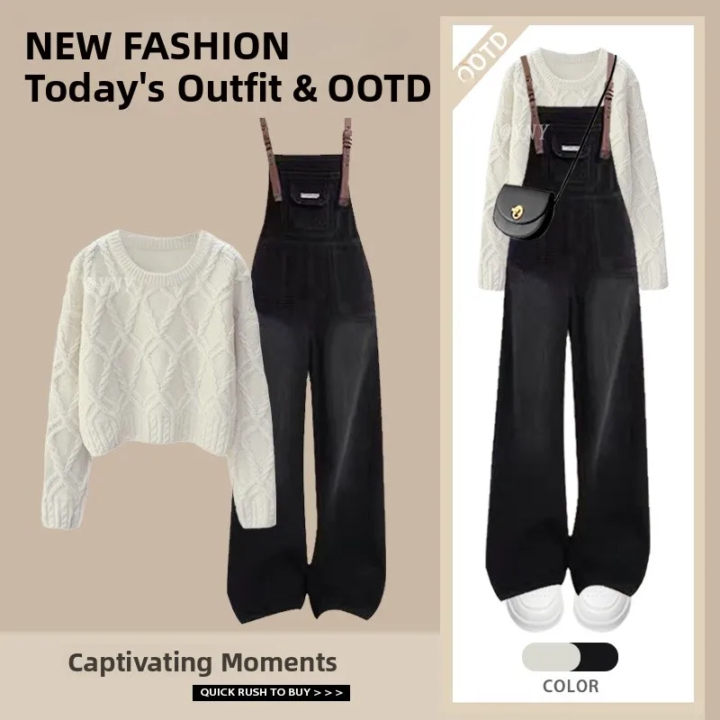 

Autumn Winter Small Size Women's Faion Set round Ne Sweater Denim Overalls Two-Piece Suit Long Sve 8-25 Years Old