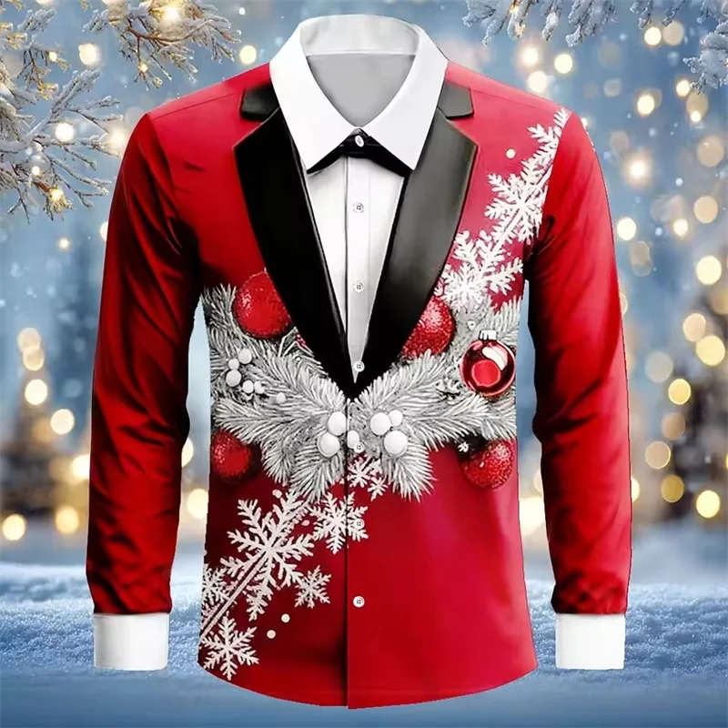 New men's Christmas snowflake formal long sleeved shirt with 3D light bulb printed tie design style holiday top