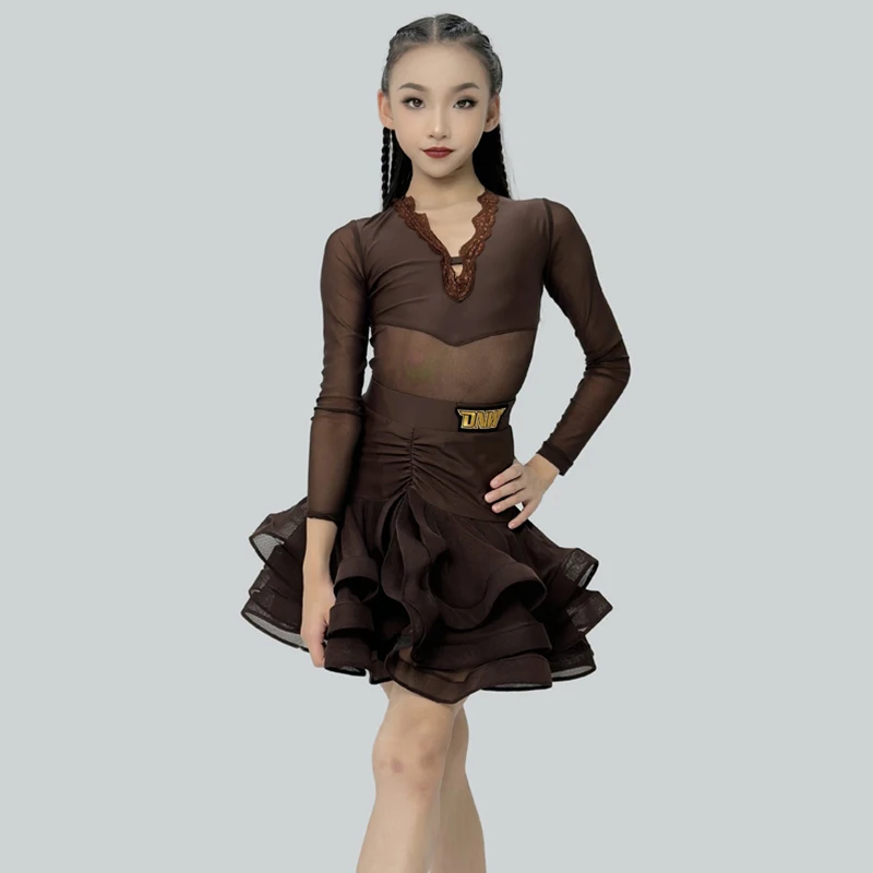 2024 Kid's Latin Dance Performance Costume Girls' V Neck Long Sleeves Tops Skirt Split Suit Samba Dance Practice Wear VBH1098