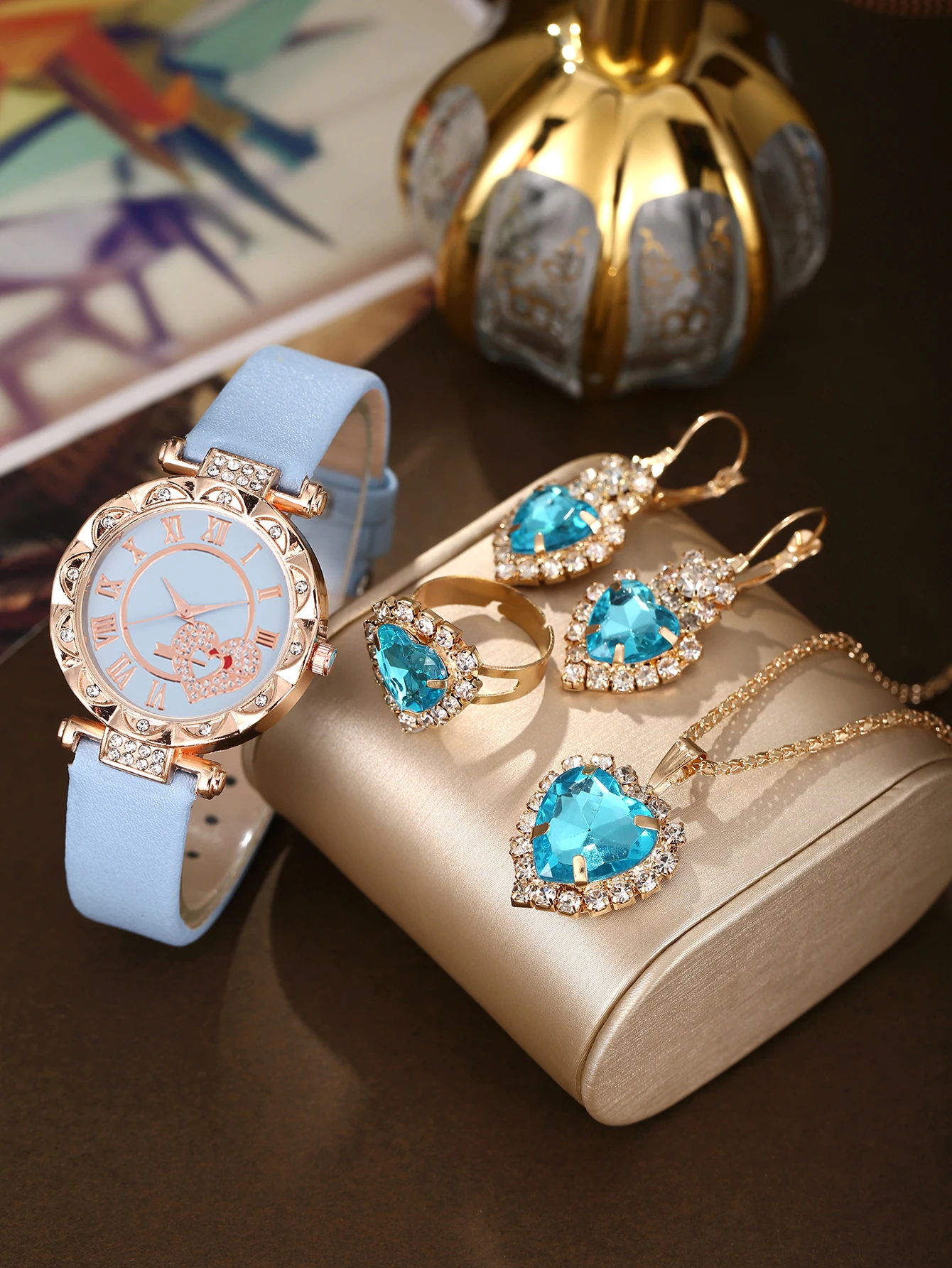 

5 шт., высококачественные модные трендовые изысканные маленькие милые кварцевые часы с диском любви, комплект ювелирных изделий в форме сердца, идеальный праздничный подарок для нее