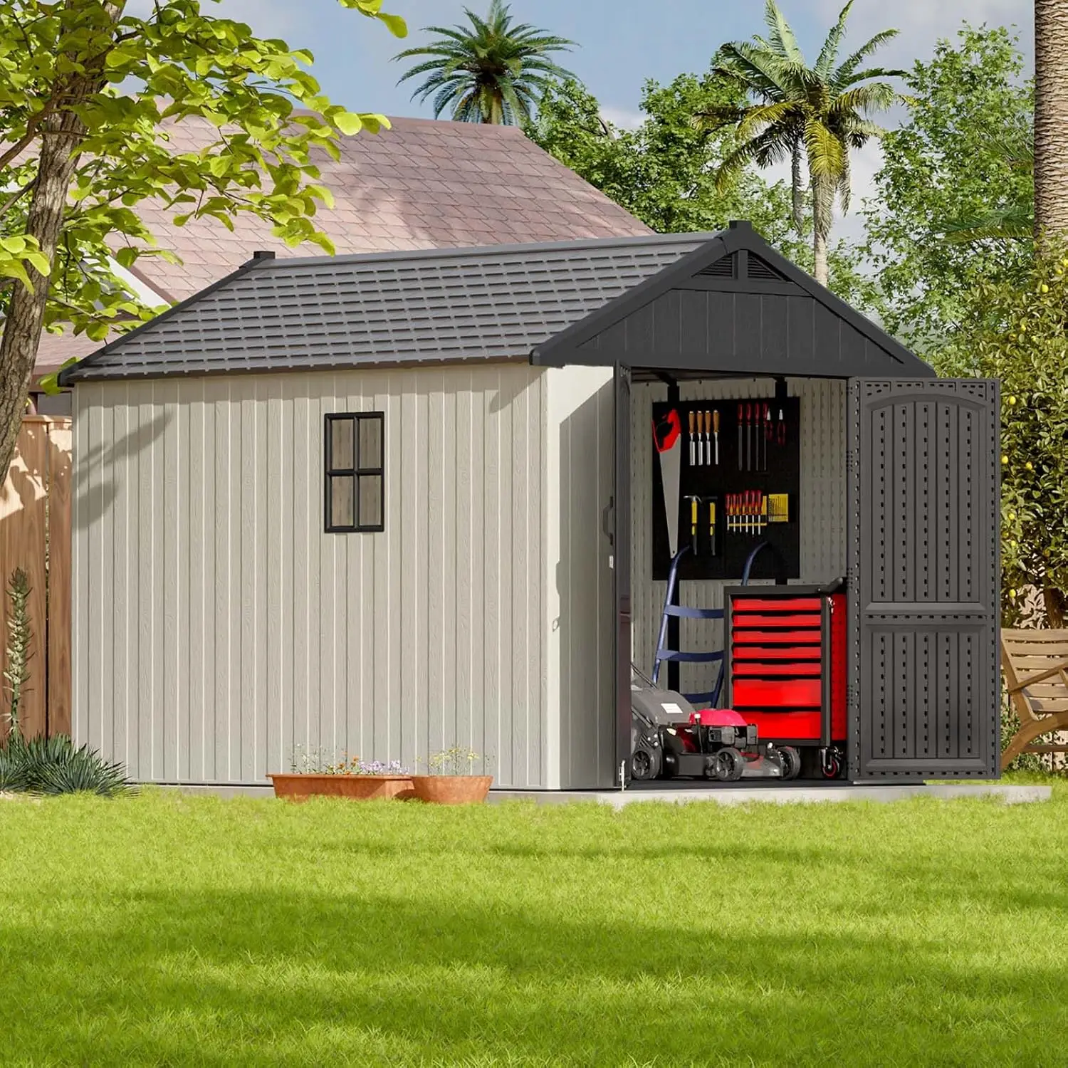 8x10 FT Outdoor Storage Shed Plastic Shed Resin Garden Tool Shed with Floor & Two Window & Lockable Door for Patio Furniture