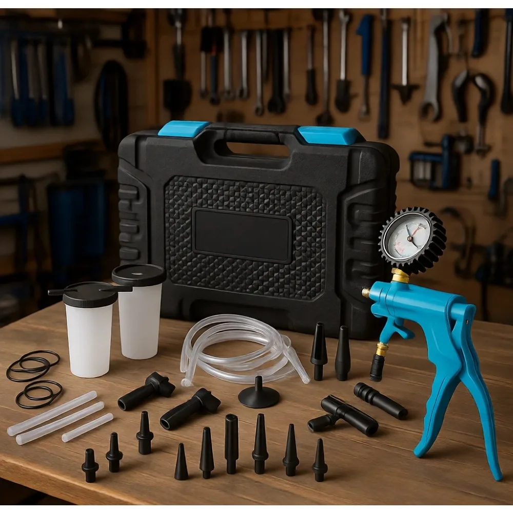 

Набор для прокачки тормозов 2-в-1 с ручным вакуумным насосом для автомобилей, в портативном кейсе