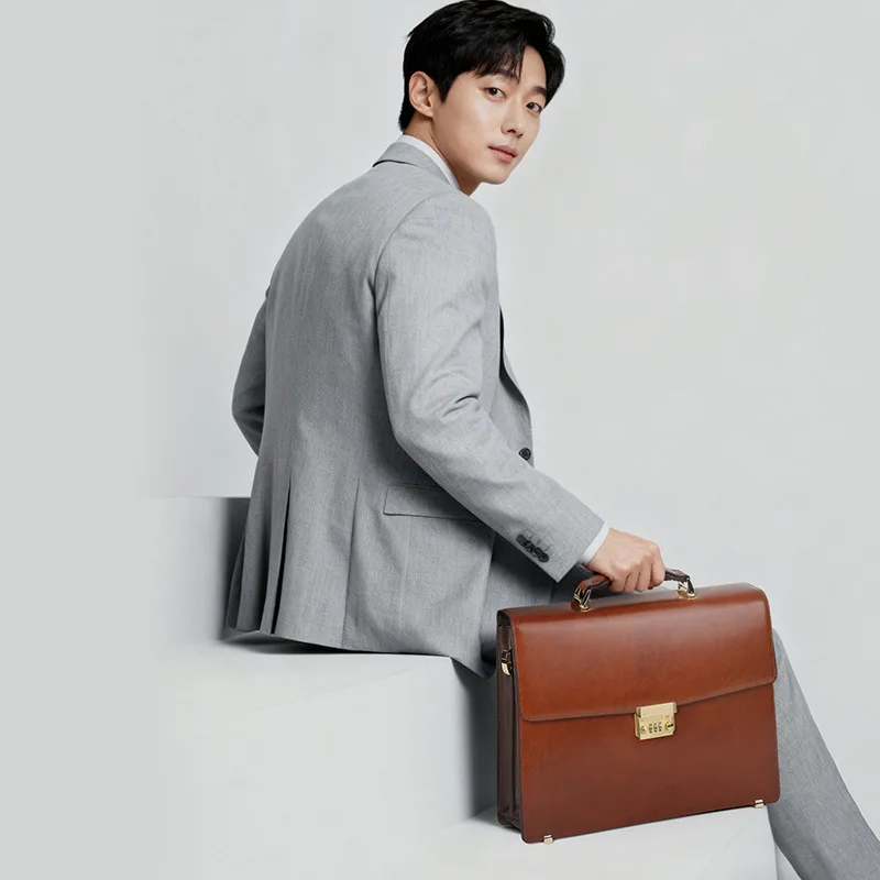 Genuine Messenger Leather Laptop Luxury Men Bag Bags Handbag Password Lock Computer Bag Large Capacity Business Men's Briefcase