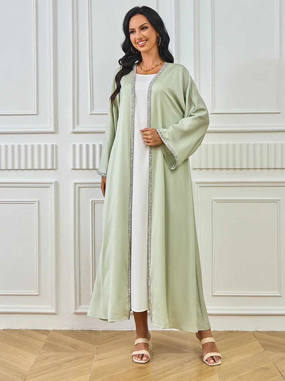 سترة عيد للنساء عباية ماسية من الساتان الإسلامي المغرب قفطان فساتين حفلات رمضان عبايات عربية طويلة رداء فستان مفتوح جلابية