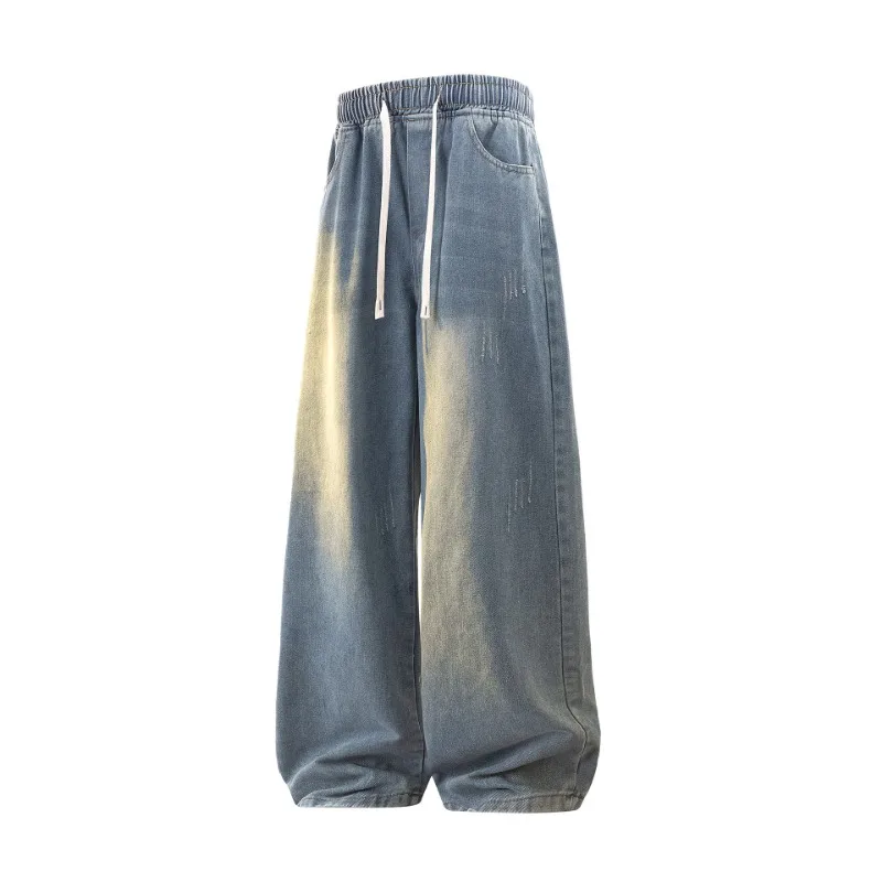

Men's Gradient Wide Leg Jeans Vintage Distressed Drawstring Waist Baggy Denim Pants for Streetwear