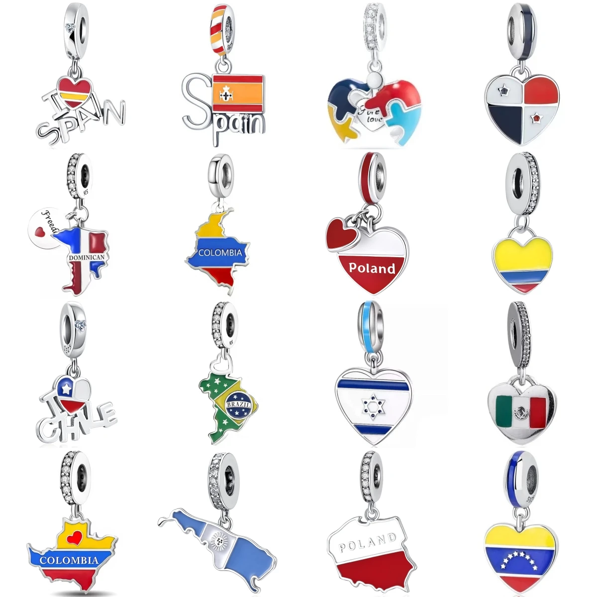 

925 Sterling Silver Fashion Charms World Country Flag Spain Colombia Brazil Poland Travel Souvenir Women DIY Jewelry Gift
