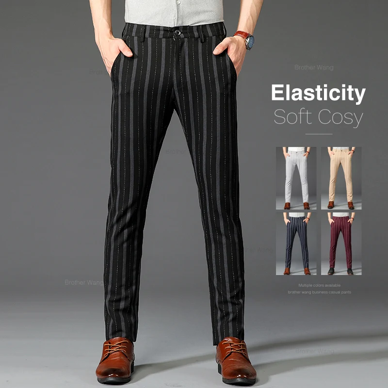 Brand Men's Striped Casual Pants Spring Comfortable Elastic Business Slim Straight British Fashion Trousers Black Khaki Wine Red