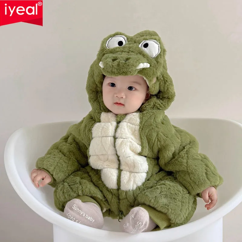 IYEAL معطف الشتاء الرضع الدافئة الصوف لطيف ديناصور مقنعين سستة بذلة أبلى القدمين رومبير الوليد الطفل سنوسويت