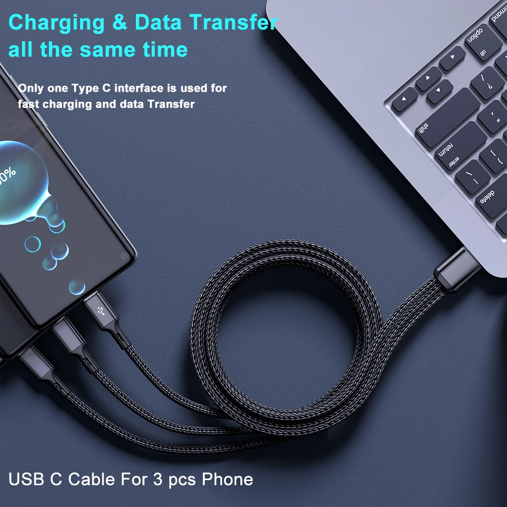 

3in1 6A Braided Mobile Phone Charging Cable Smartphone Accessories 100W Fast Charging Data Cord For iPhone Xiaomi Samsung Huawei