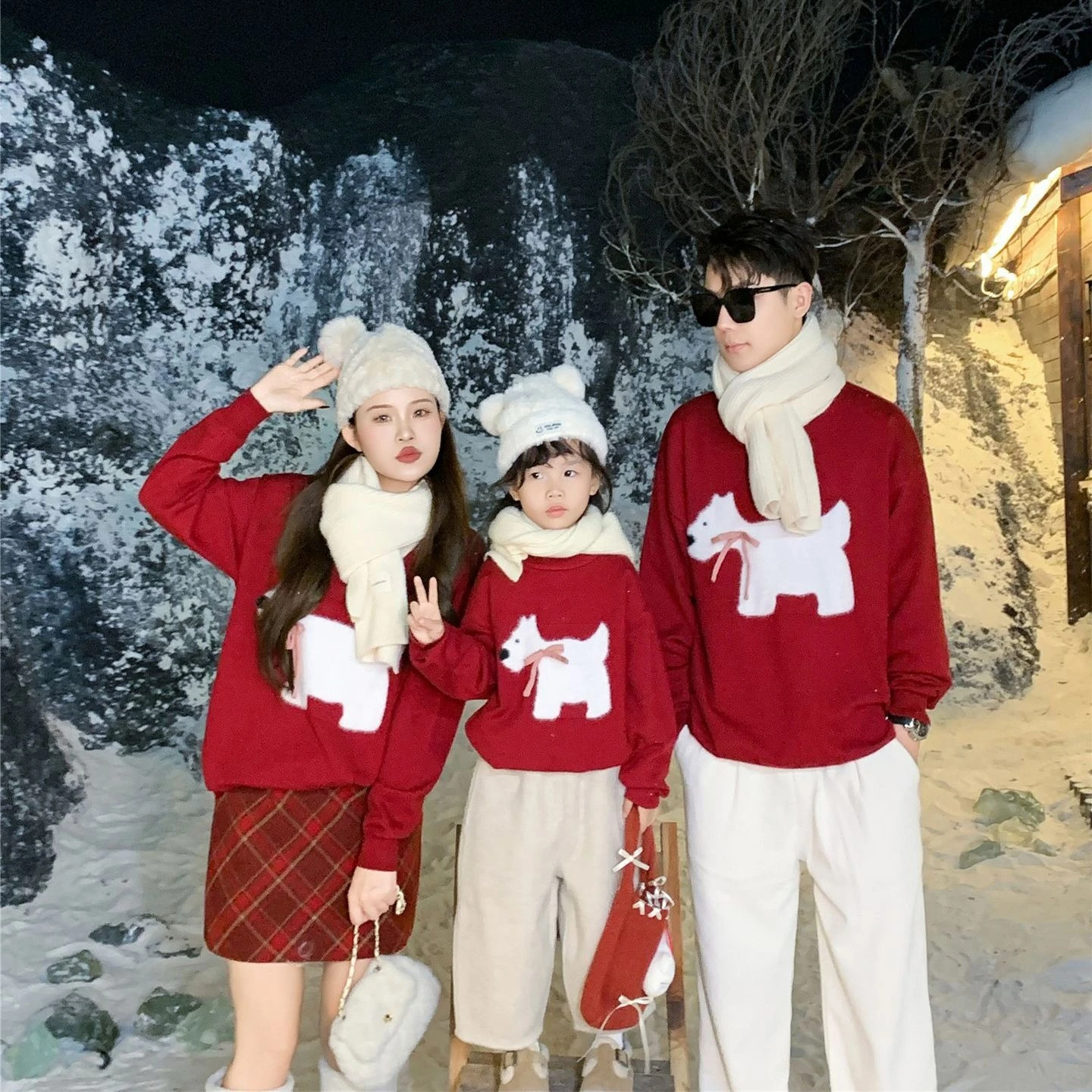 2026 Autumn Winter Family Matching Clothes Kids Red Dog Knit Sweater Warm Baby Boy Girl Matching Outfit Causal Toddler Romper