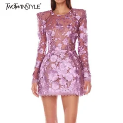 TWOTWINSTYLE Solid Slimming Spliced Applique Dresses for Women Round Neck Long Sleeves Patchwork Gauze Dress Female Temperament