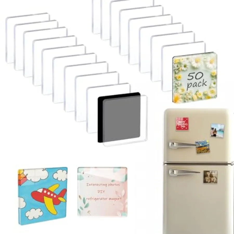 50-Pack 2x2 Inch Clear Acrylic Magnets with Strong Adhesive Backing, Easy Peel and Stick Square Photo Frames for DIY Fridge, Wh