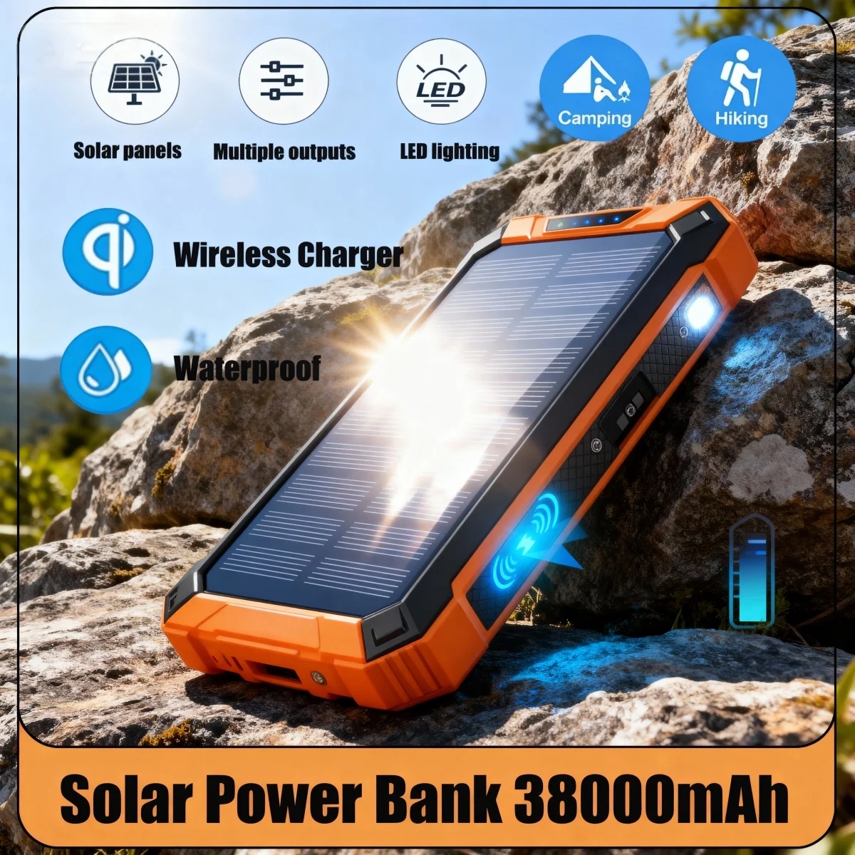 

New 38000mAh Solar Power Bank Wireless Charger & Fast Charging with 4 Cables LED Flashlight solar panels