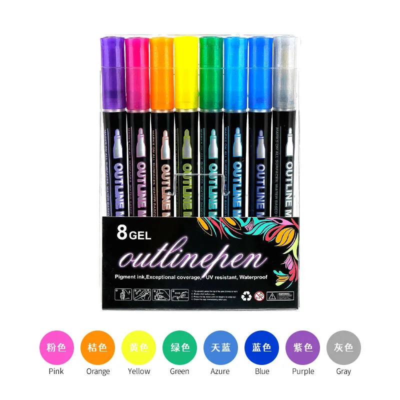 8/12/24/36/48 Farben Doppellinie Umrissstift Konturstift Traumblitzstift Metallfarbmarker DIY Handbuch fluoreszierender Marker