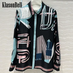 8.14 KlasonBell Women Classic Bridle Geometric Print Shirt 100% Silk Temperament Lapel Loose Casual Blouse Autumn New