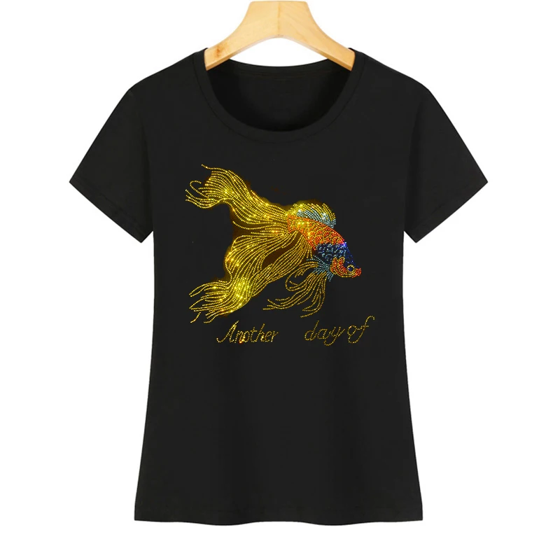 Stylish ladies Rhinestone shiny Goldfish design summer short sleeve ice silk cotton casual T-shirt