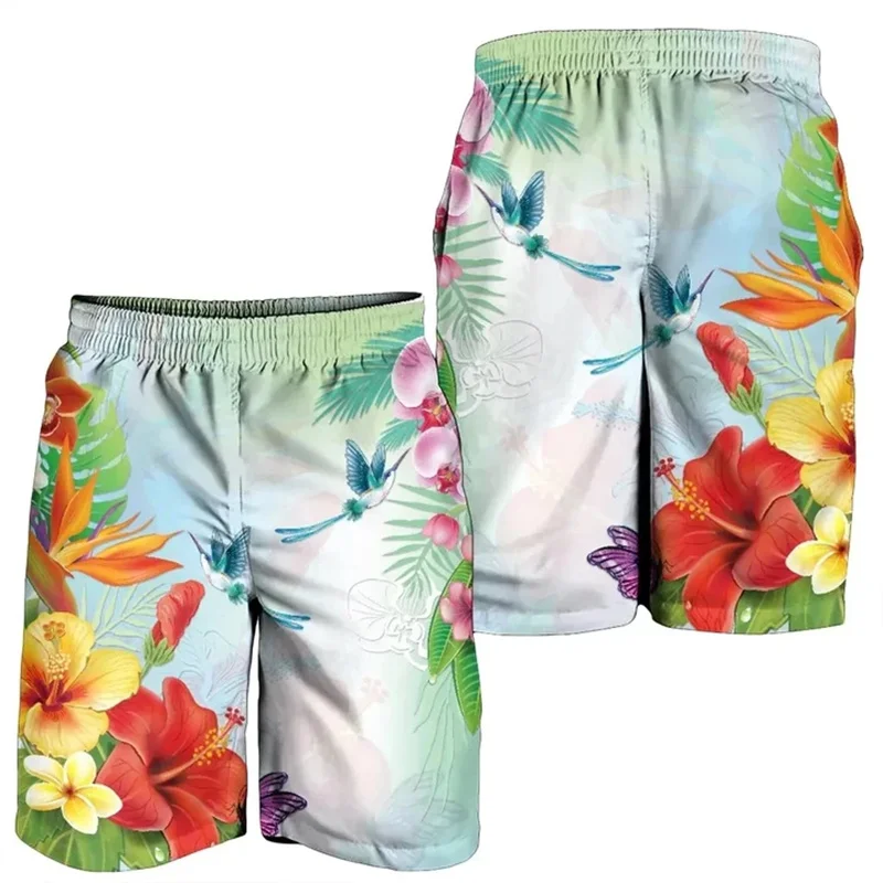 3D Print Hawaii Hummingbirds Hibiscus Polynesian Men's Shorts Women Vacation Floral Beach Short Pants Swim Trunks Board Shorts