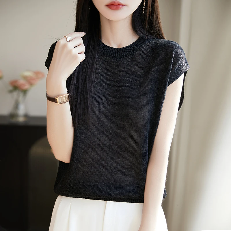 

Loose Fit round Ne Knitted Tank Top Silk Lyocell Svel Summer New Sle Women's T-irt Korean Sle Commute Faion