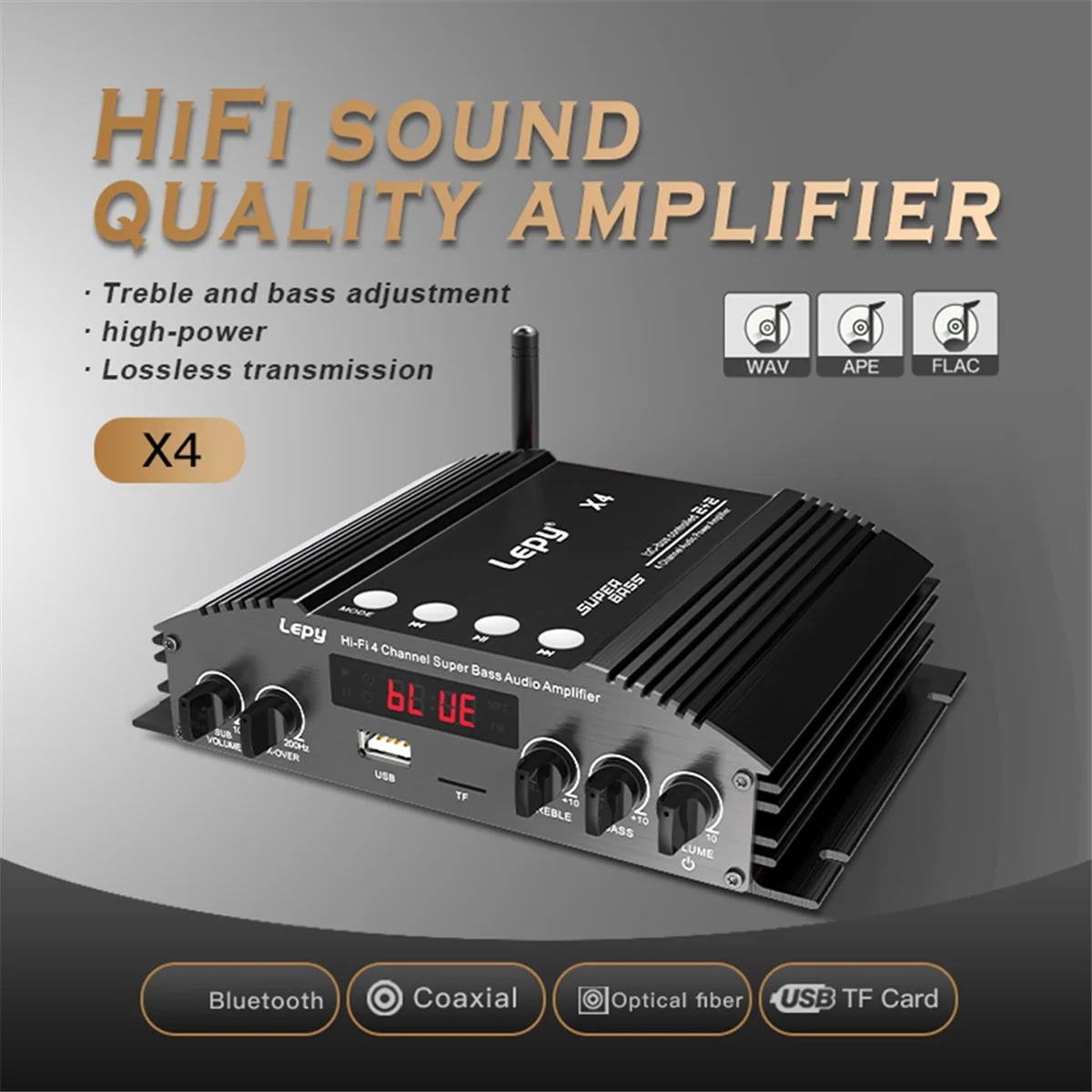 X4 HIFI 4 Channel Bluetooth 5.0 Power Amplifier, Optical Fiber, Coaxial Input, 2.1 Audio Amplificador US PLUG