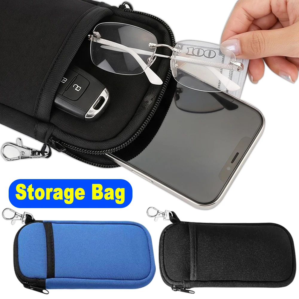 

Portable Phone/Glasses Protective Shell Bag Blue/Black Zipper Eyeglass Pouch Zipper Soft Case with Carabiner Sunglasses Case
