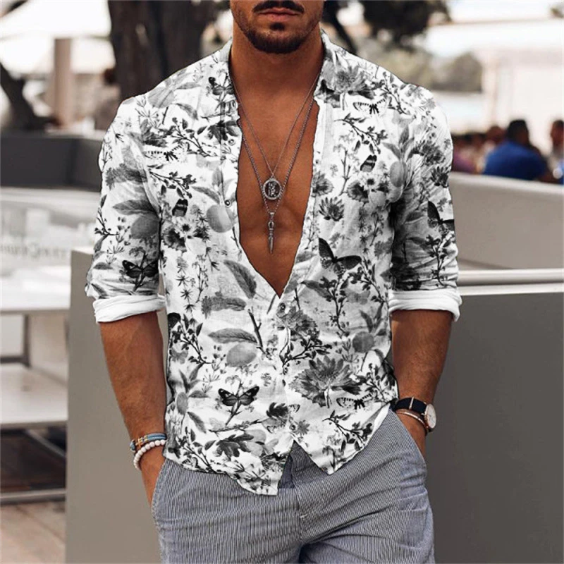 Men's Harajuku Butterfly Graphic Shirts New Flower 3D Printing Long Sleeve Trendy Loose Shirt Blouse Fashion Street Tops Homme