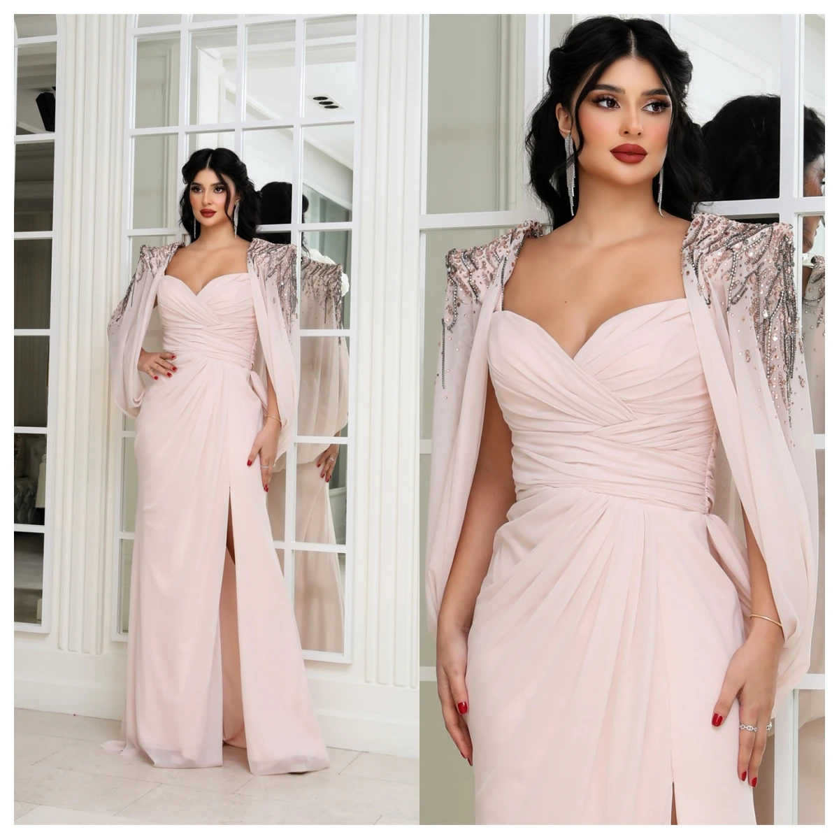 

Модное розовое шифоновое вечернее платье по индивидуальному заказу, милое платье с длинными рукавами для особых случаев, вечернее платье с аппликацией, современное