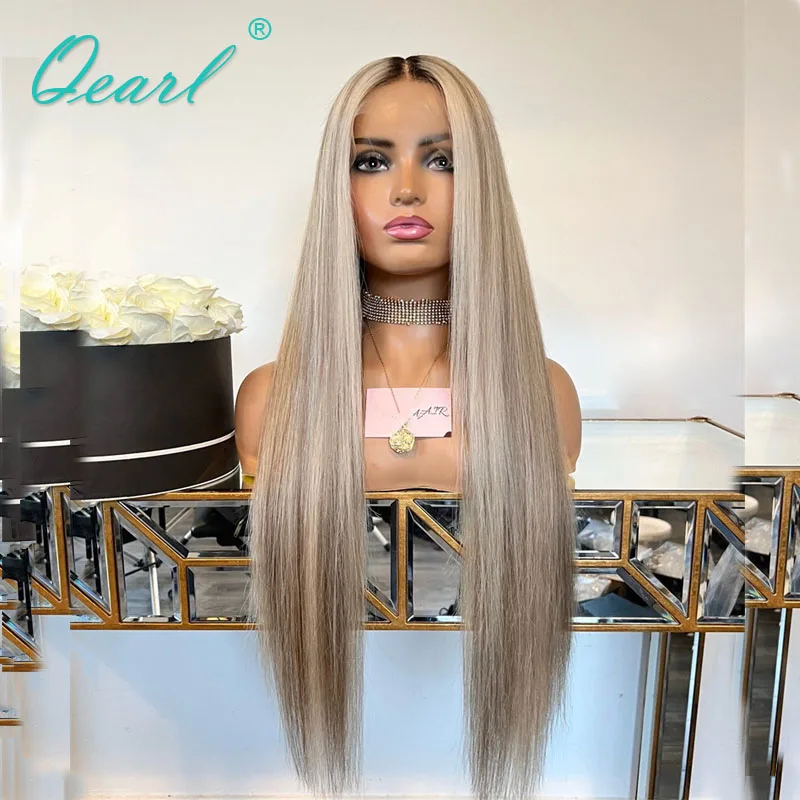 

Full Lace Wig Brazilian Human Hair Wigs Sale Ash Light Grey Blonde Highlights Straight Lace Frontal Wigs 34in HD All Lace Qearl