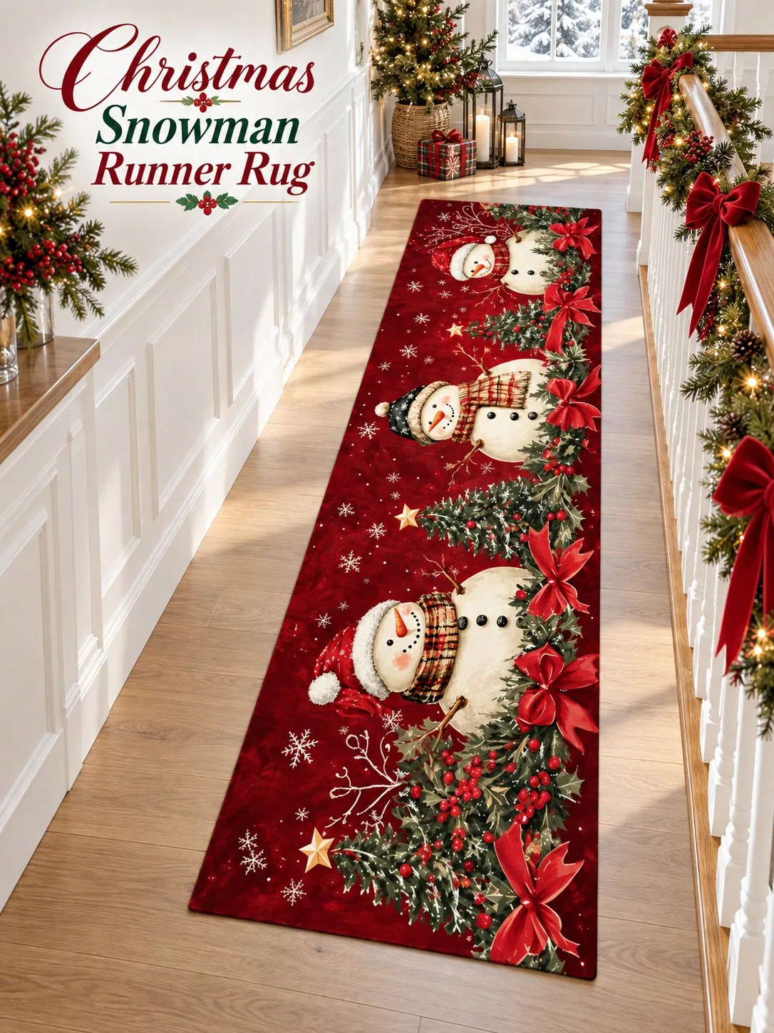 Christmas Aisle Runners Snowman Trees Bows Runner Rugs Long Carpet Hallway Entryway Kitchen Laundry Room Bedroom Floor Decor Winter Home Furnishing Holiday Gathering Apartment Foyer Makeover Birthday Anniversary Gifts for Family and Friends
