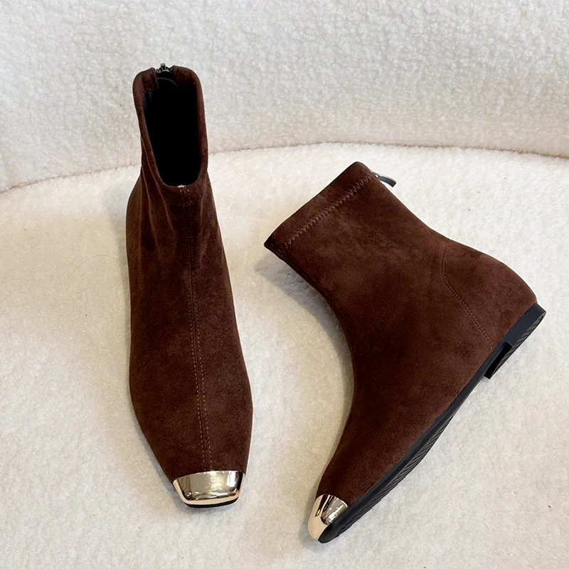 

Women's Ankle Boots Flats Elegant Fashion Suede Shoes Square Toe 2025 Designer Snow Boots New Party Luxury Dress Woman Booties