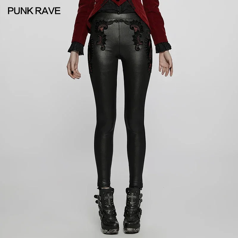 PUNK RAVE-Leggings gothiques exquises pour femmes, appliques élastiques, pantalons évidés sexy, pantalons simples et doux, noir et rouge, punk