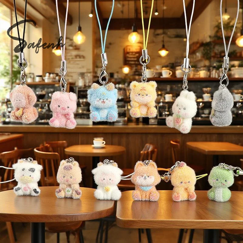 Cute Flocked Zodiac Animal Keychain For Women Pendant Bag Phone Lanyard DIY Backpack Decoration Accessory Girls Birthday Gift