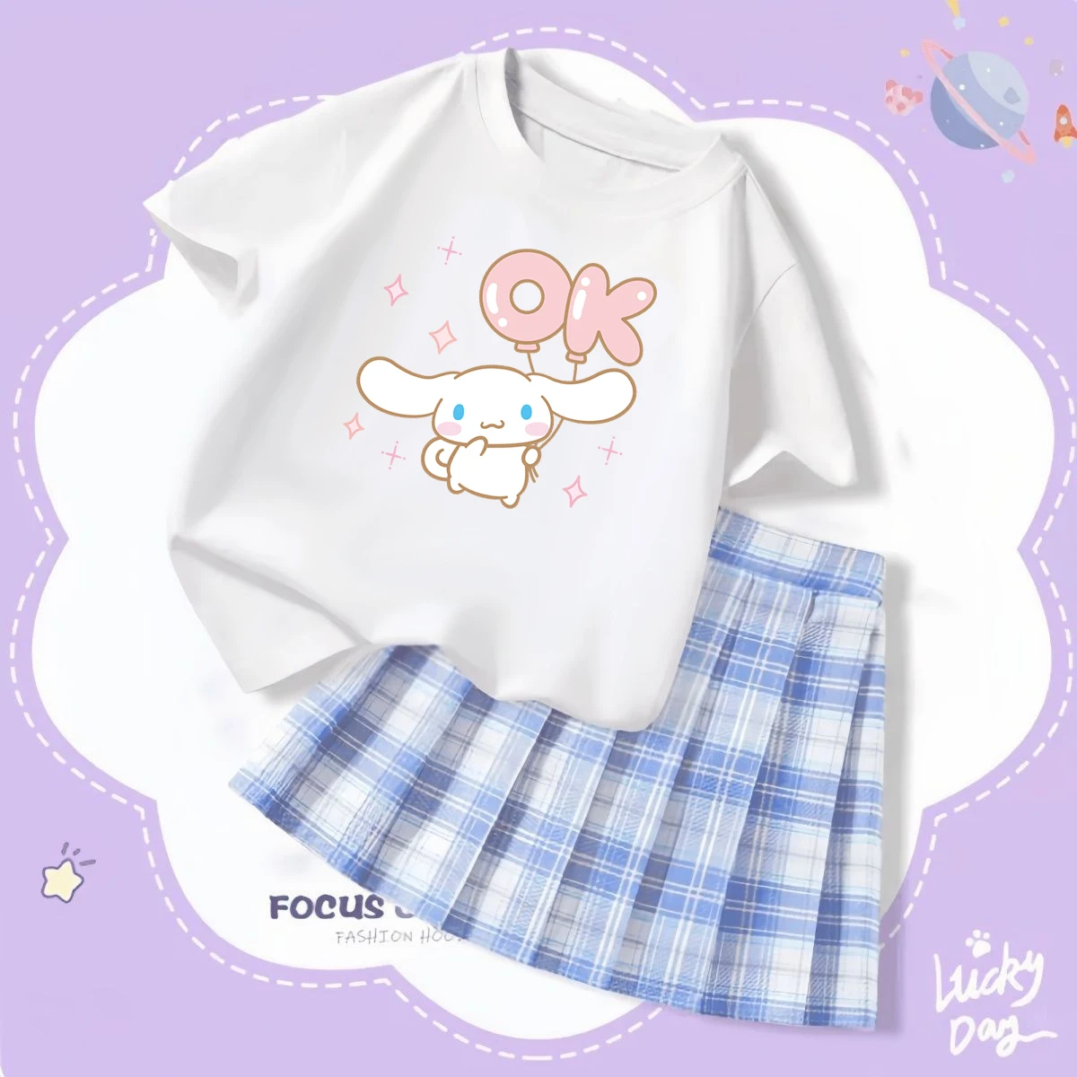 Koszulka Kawaii Sanrio Cinnamoroll Hello Kitty dziecięca spódnica słodka Kuromi moja melodia letnia dziewczyna kreskówka t-shirt Jk zestaw spódnic