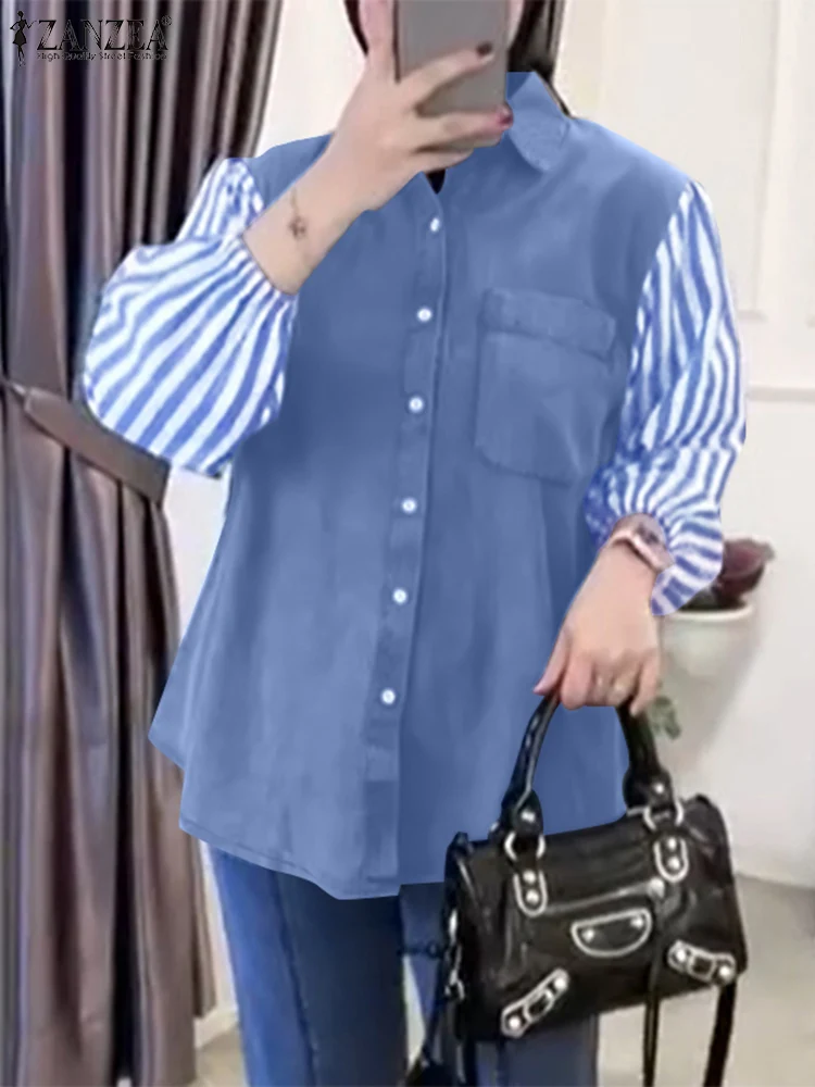 

ZANZEA Islamic Hijab Fake Two-Pieces Tops Women 2025 Spring Turn-down Collar Muslim Shirts Striped Patchwork Long Sleeve Chemise