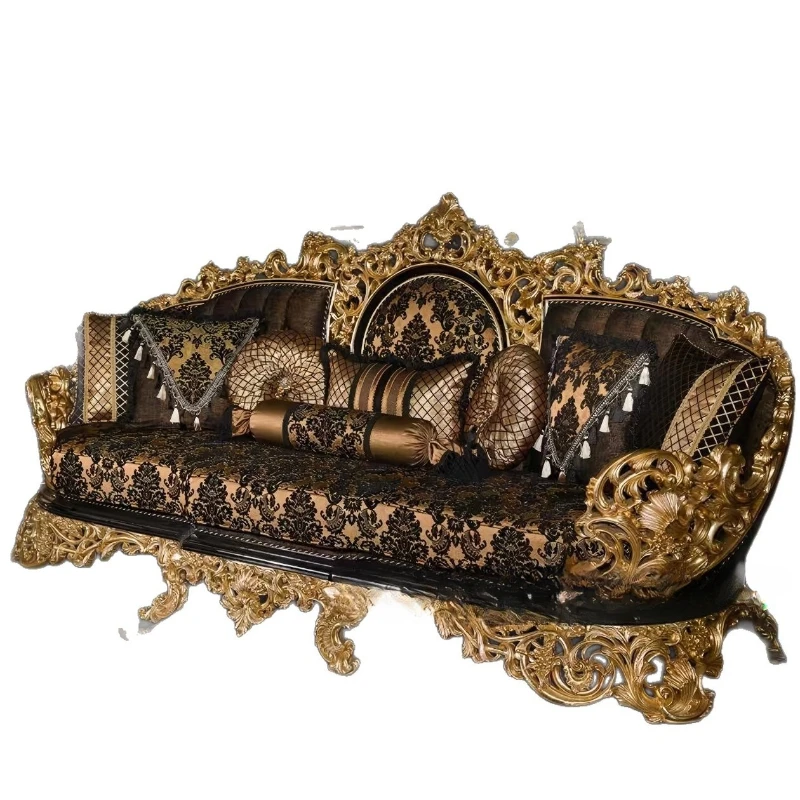 

Carved sofa combination French villa gold foil fabric sofa living room court furniture