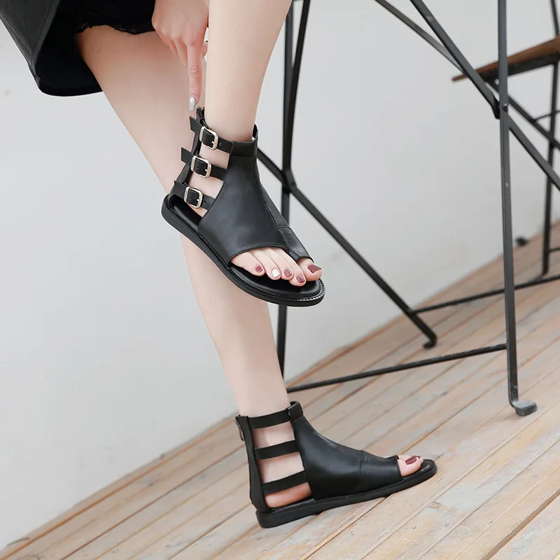 Low Sandals Woman Leather Flip Flops Platform Suit Female Beige 2024 Summer Buckle Women’s Shoes Low-heeled Flat Fashion Correct