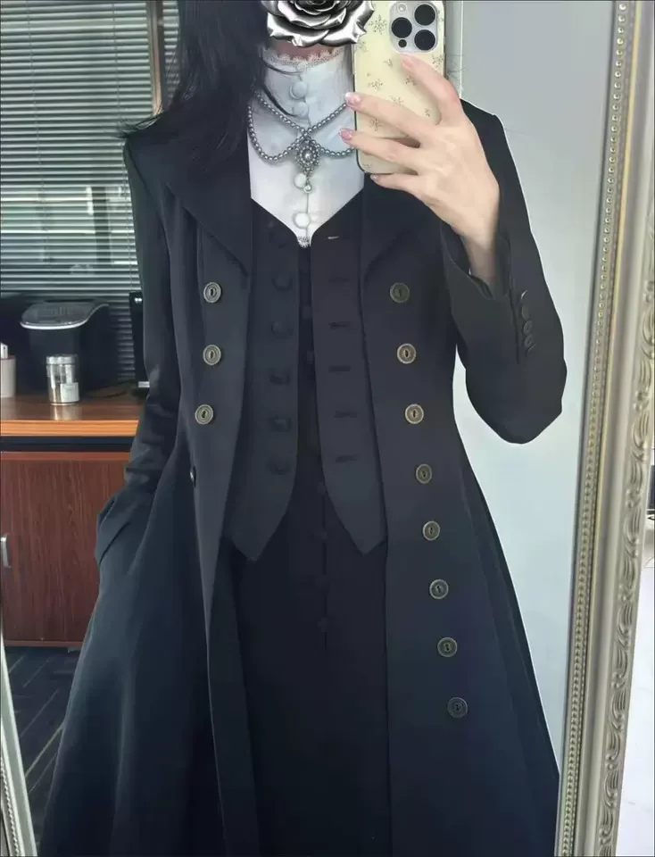 

Prince Gothic Trench Coat Lolita Long Coat Black Double Breasted High Waist A-Line Trench Coat Long Trench Outfit