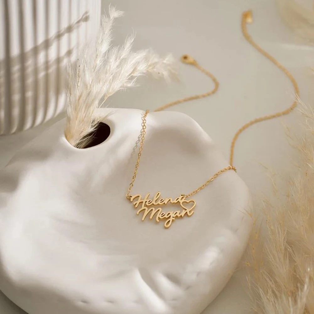 Kalung nama ganda yang dipersonalisasi dengan bentuk hati, Kalung nama yang disesuaikan, Kalung pasangan, Kalung ibu