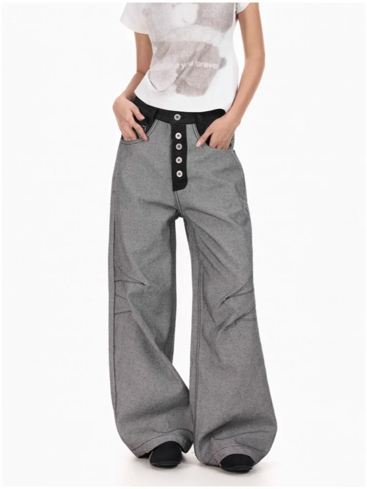 

2025 Trend Y2K New Fashion Grey Patchwork Baggy Women's Jeans Pants For Woman Clothing Straight Loose Denim Trousers Ropa Mujer