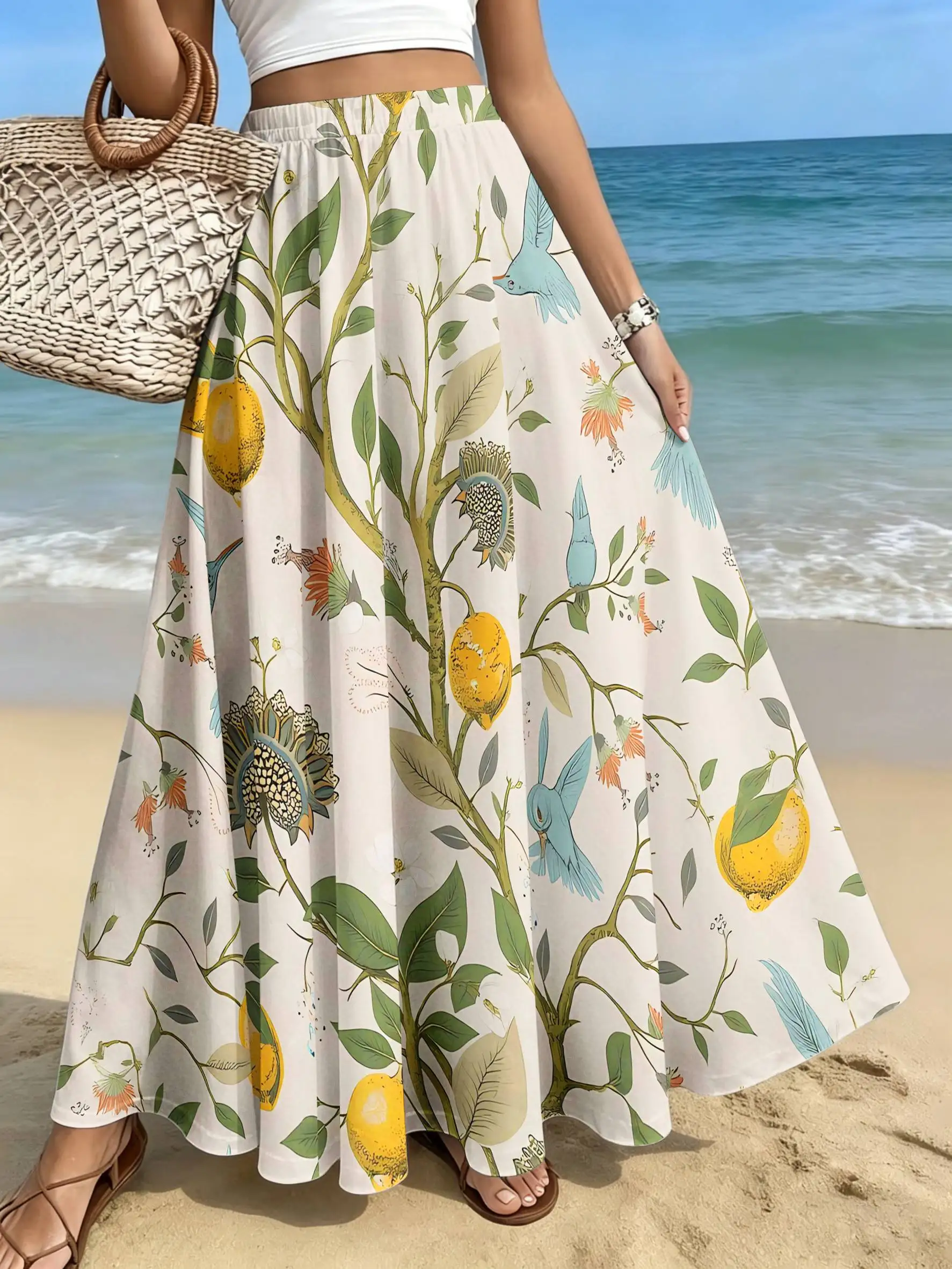 Plus Size Women's Elegant Fashion Skirt - Casual Printed Midi Dress - Lemon Branch and Blooming Flowers Print