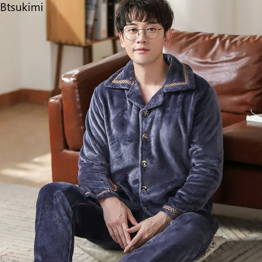 ใหม่ Flannel 2 ชิ้น/เซ็ตชุดนอนชุดสําหรับชายฤดูหนาวหนาแขนยาวเสื้อผ้าชุดนอน Turn-Down COLLAR ชุดนอน