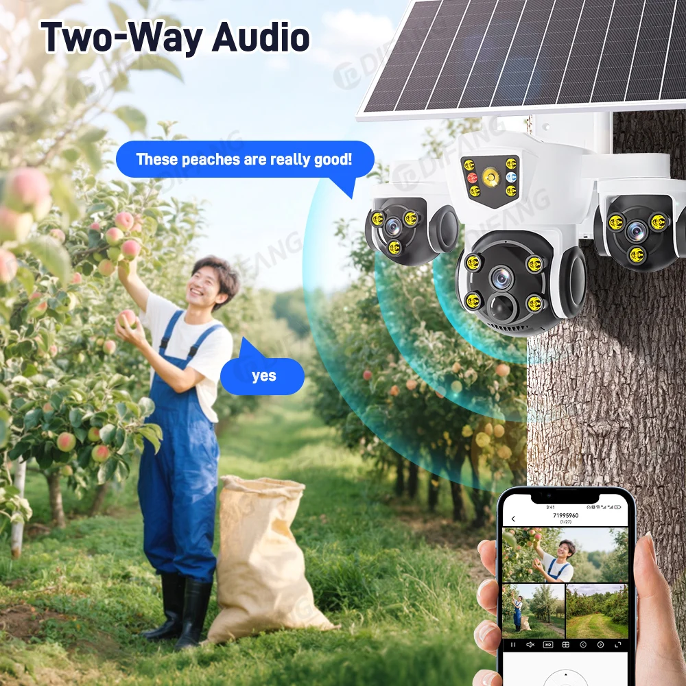 DIFANG Wireless WiFi Solar Camera Three Screen 4G Sim Card Solar CCTV Three Lens Waterproof V380 Pro Solar Video Surveillance