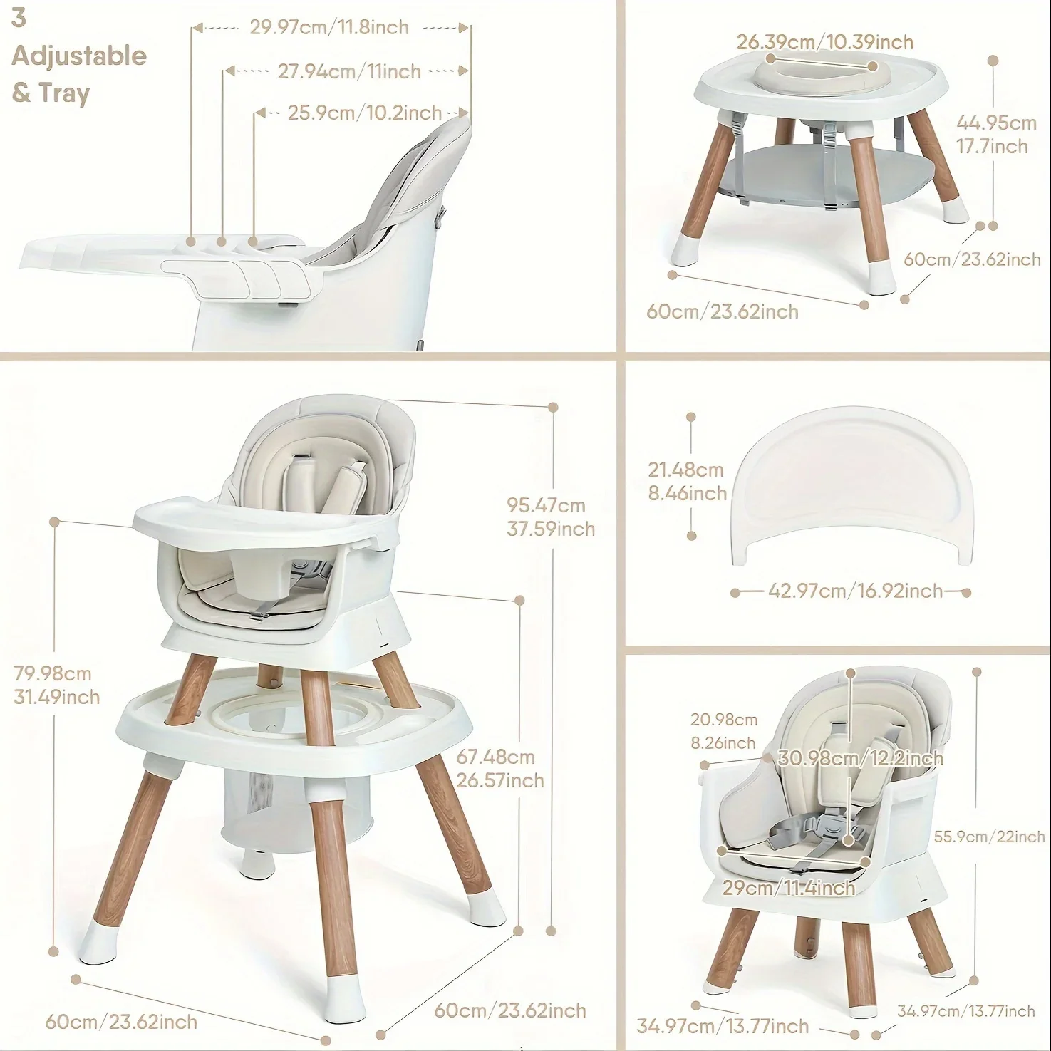 Silla alta para bebé 8 en 1, asiento para bebé, multifuncional Convertible para bebés y niños pequeños con centro de actividades y bandeja de veta de madera